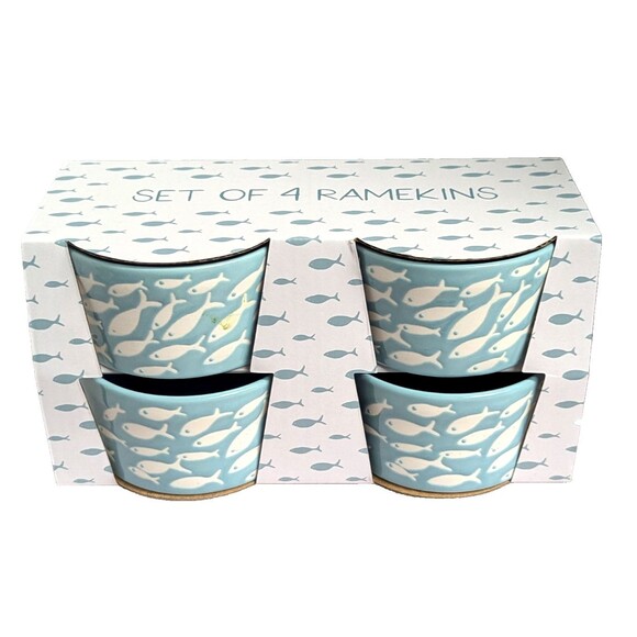 Prima Designs School of Fish Stoneware Ramekin Bowls 4-pc Teal White 3.5-in Gift